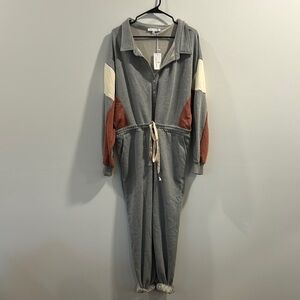 Gray Jumpsuit with Colorblock Sleeves